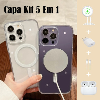 2026 Kit MagSafe 5 em 1 para iPhone 11-16 Pro - Capa Cabo Dados Carregador Sem Fio Rápido AirPods 3 Estoque Envio SP