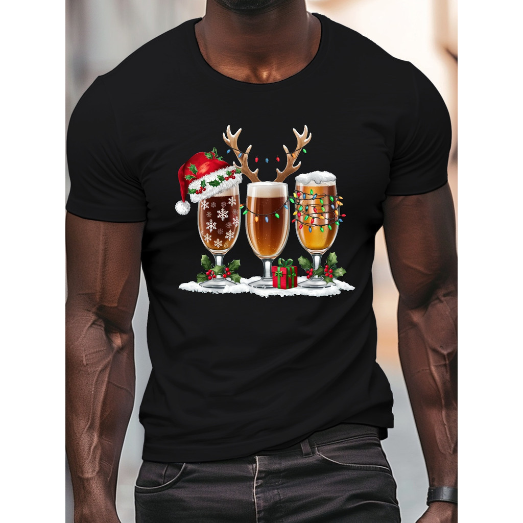 [Camiseta Premium em Algodão Puro]GXG Camiseta Masculina Plus Size De Algodão Com Estampa Natalina De Uma Caneca E Chifr