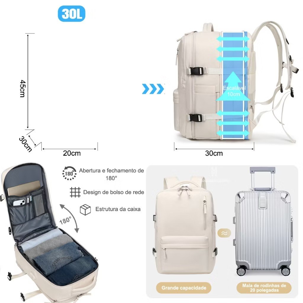Mochila Viagem Feminina Masculinas Multifuncional Reforçada Impermeável Expansível Mochila Notebook — foto 5