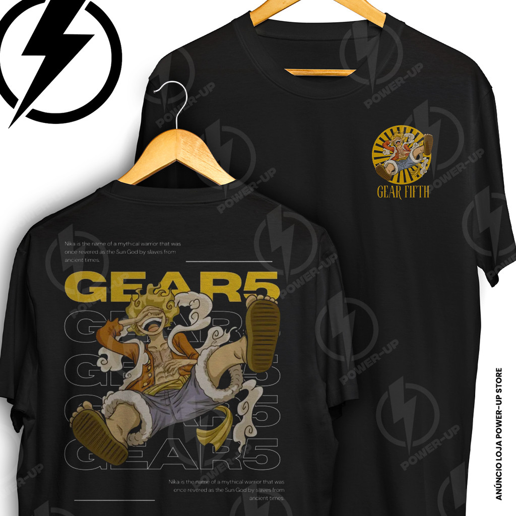 Camiseta Nika Sun God Gear 5 Luffy One Piece Yellow Frente E Verso Blusa Camisa 100% Algodão