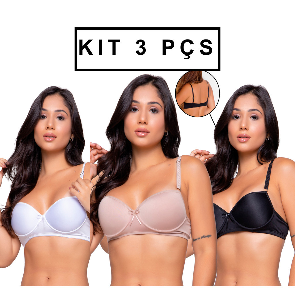 kit c/3 Sutiã Básico Reforçado de Microfibra Com Bojo do P ao GG PROMOÇÃO zmov