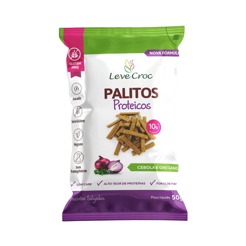 Biscoitos Salgados Palitos Proteicos Sem Glúten Sabor Cebola e Orégano 50g - Leve Croc