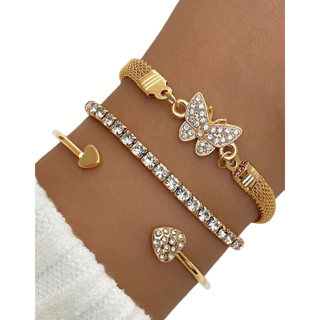 Conjunto de 3 Pulseiras Femininas Strass Borboleta e Coração