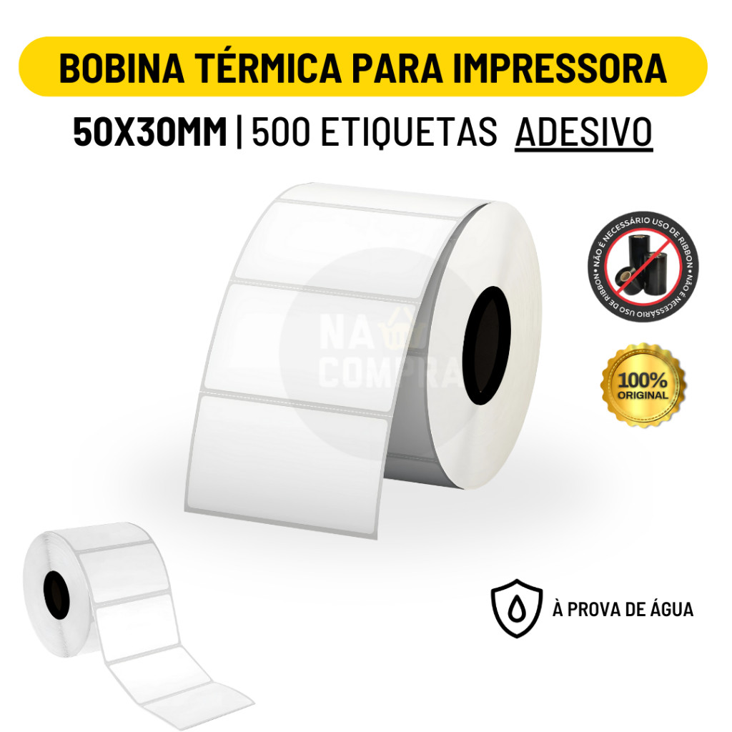 Imagem Rolo Etiqueta Adesiva 50x30mm 5x3cm (1 coluna) Impressora  Térmica 10 Metros 500 Etiquetas