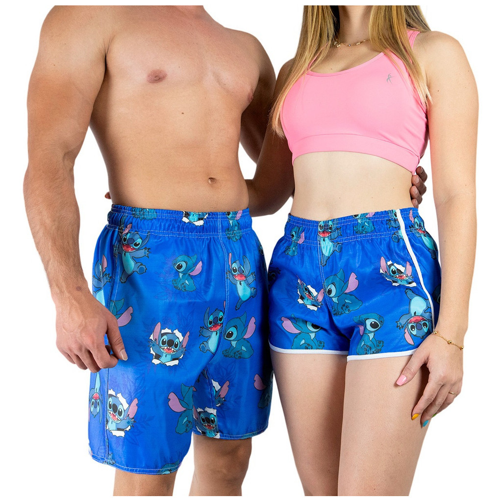 Kit Short Casal Mosão Praia Lilo E Stitch Tac Tel Envio Imediato