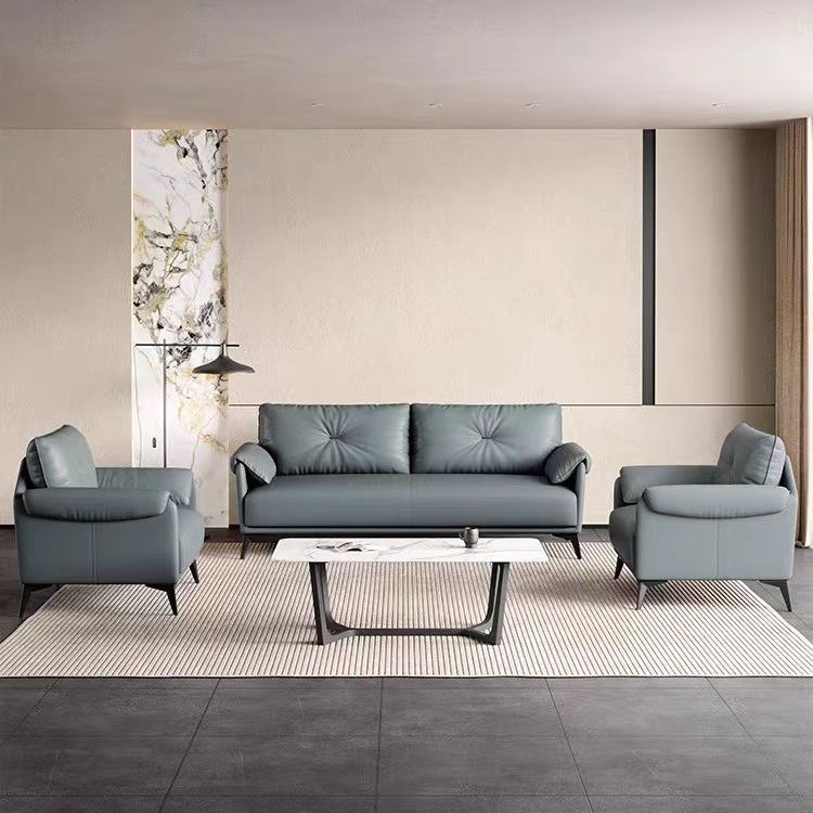 Sofá de Couro Legítimo para Escritório, Conjunto de Mesa de Café de Três Lugares, Sofá de Hotel de Negócios, Sala de Rec