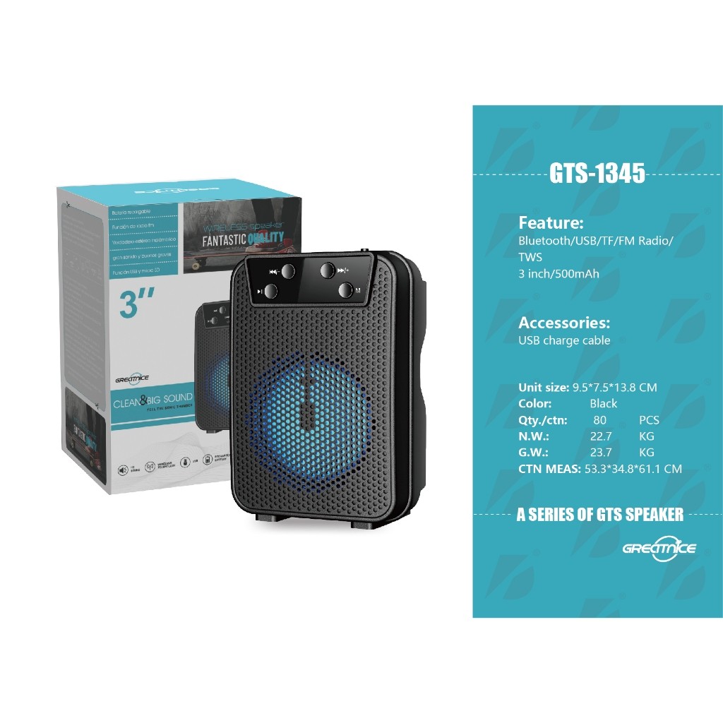 Caixa de som GTS-1345 bluetooth sem fio portátil com led recarregável
