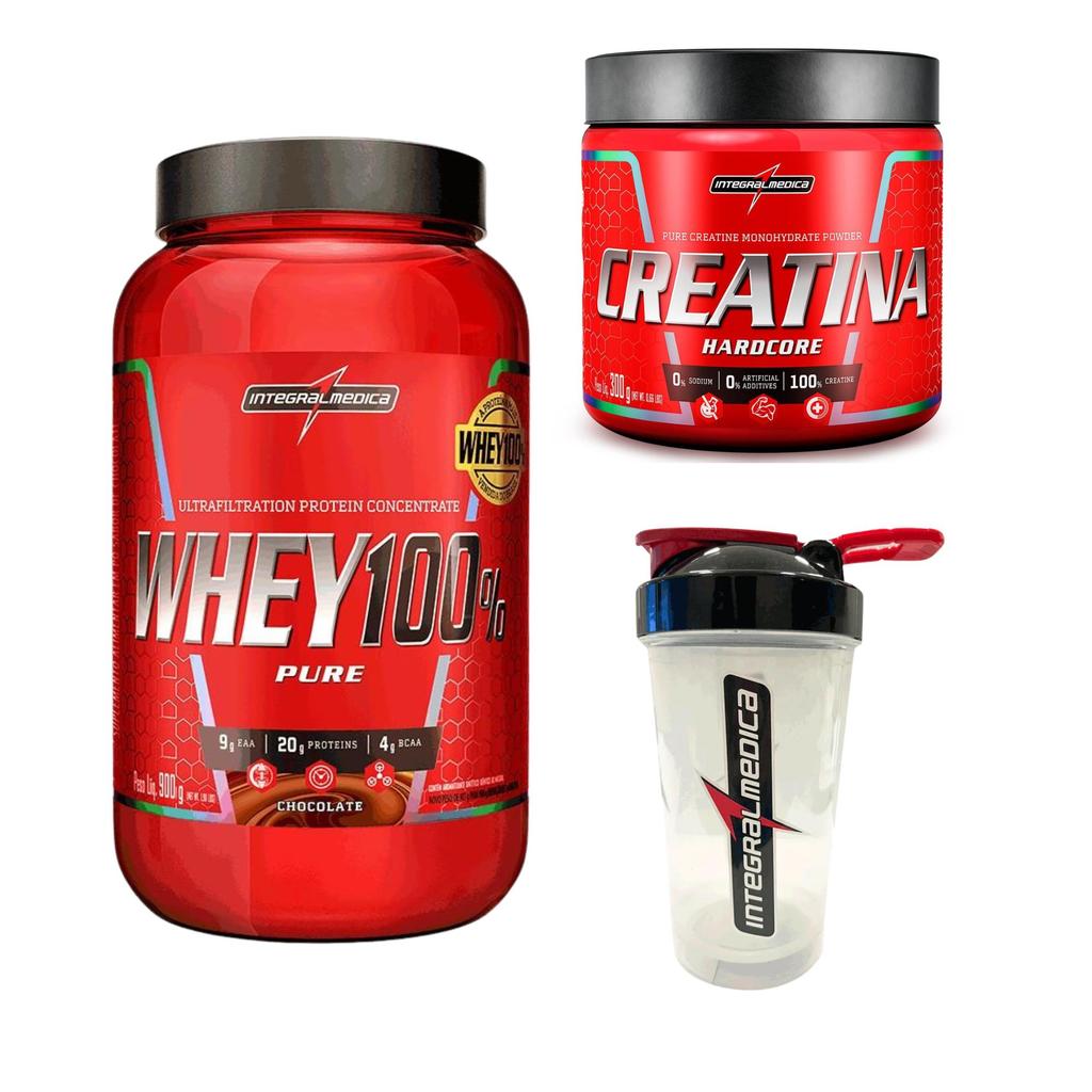 Imagem Kit Whey 100% Pote 900g + Creatina 300g + Coqueteleira 600ml Integralmedica