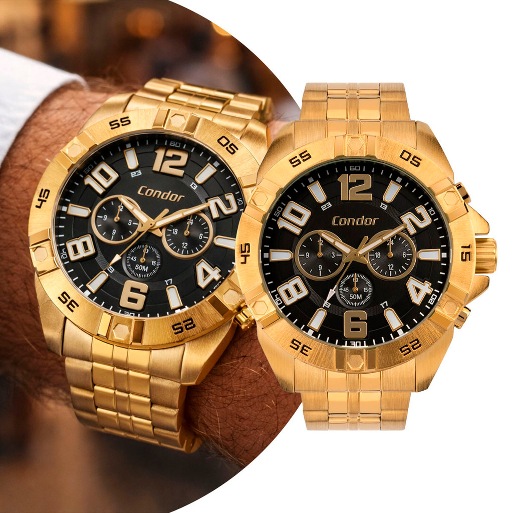 Relógio Analógico Masculino Dourado e Preto com Caixa e Pulseira de Aço Inoxidável com Cronógrafo à Prova D Água Condor