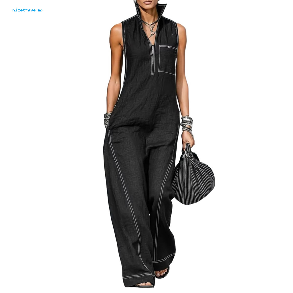 Comfortable Jumpsuit Plus Size Women’s with Pockets – Summer Romper Long Pants Zip-up Stand Collar One-piece Overall