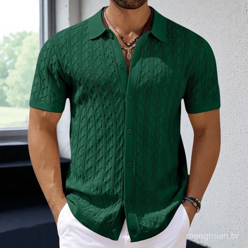 Camisa Masculina Lisa com Gola Dobrada, Camisa de Negócios de Manga Curta, Blusas de Malha com Botões Soltos, Cardigã de