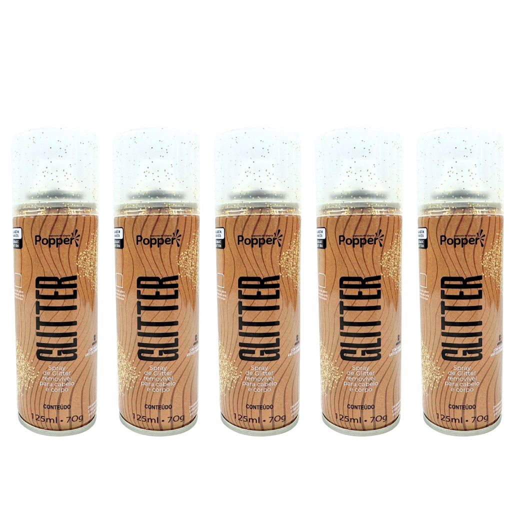 Kit 5 Spray De Glitter Dourado 125ml Popper Cabelo Corpo Roupa Maquiagem Brilho Ouro Pequeno Bolsa Festas Carnaval Shows