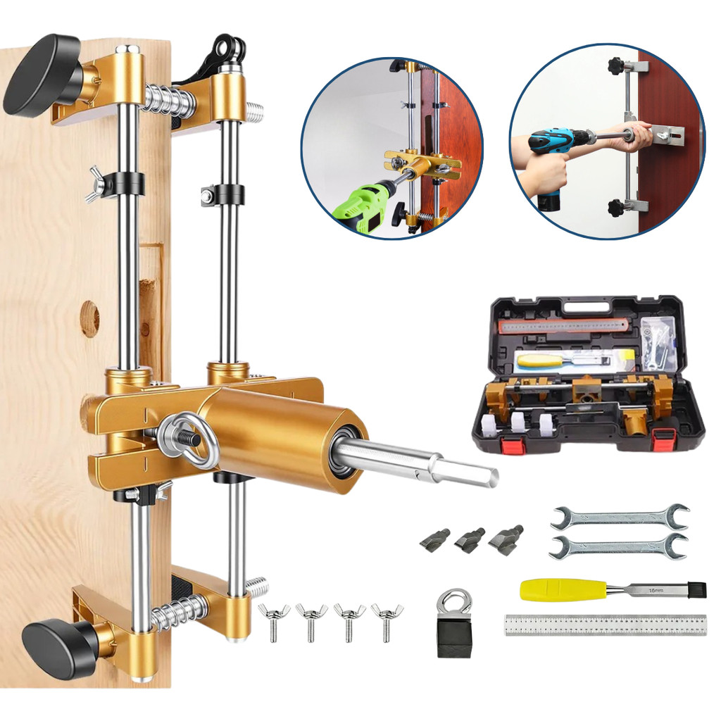 Guia Instalação Fechadura Porta MDF Madeira Kit 3 Fresas Gabarito Furar Marcenaria Ferramenta Ajustável Brocas