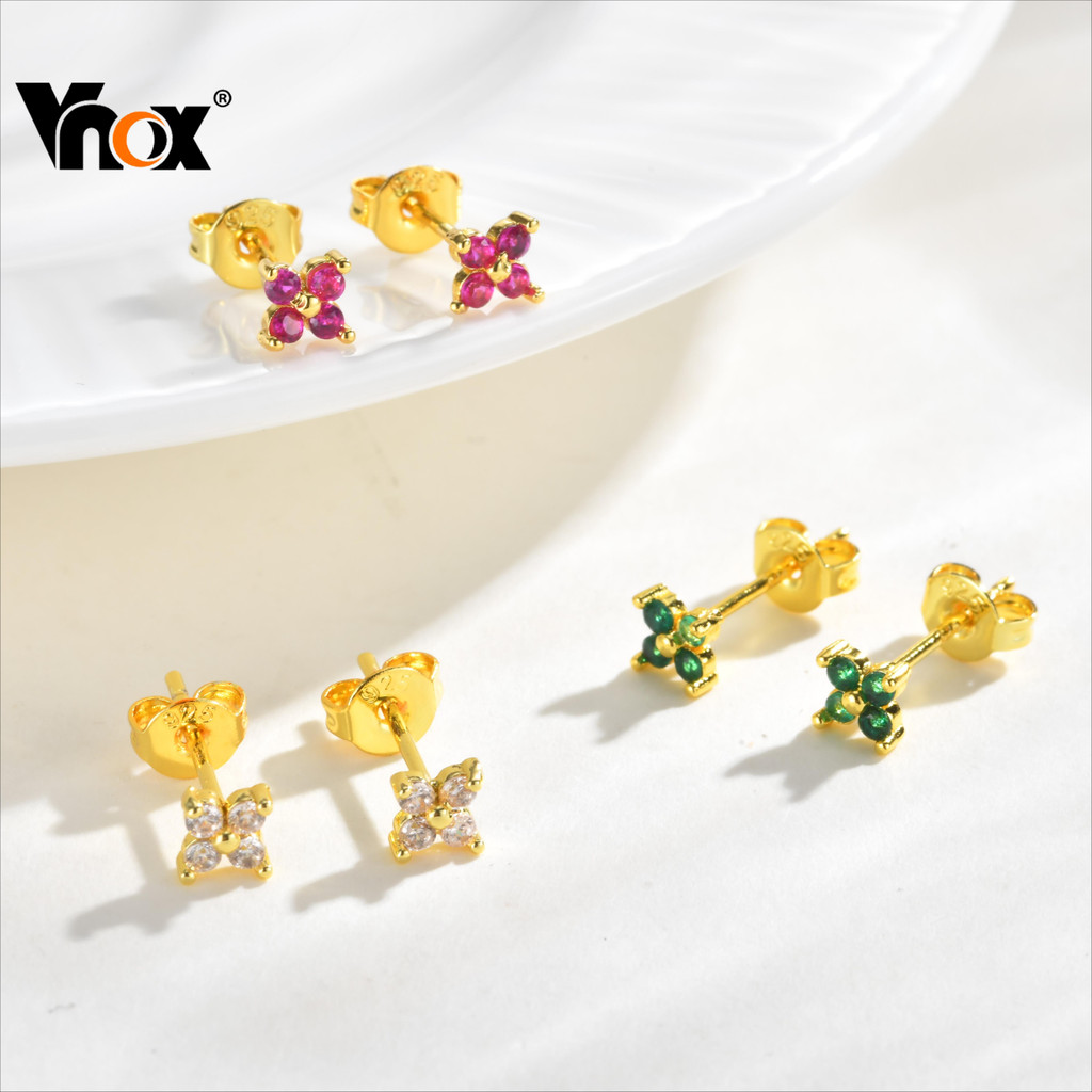 Brincos De Ouro Com Flor De Quatro Folhas De Zircônia Branca Vnox , Design Elegante E Da Sorte Para Mulheres Crianças