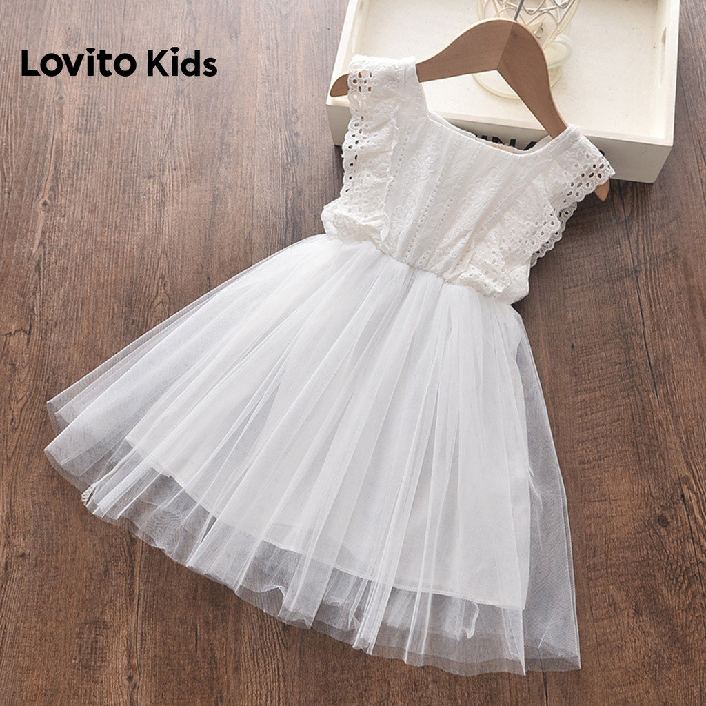 Lovito Kids Vestido Casual com Contraste de Malha Bordado em Ilhós para Primavera/verão Branco para Menina. LNL132441 em Oferta na Shopee