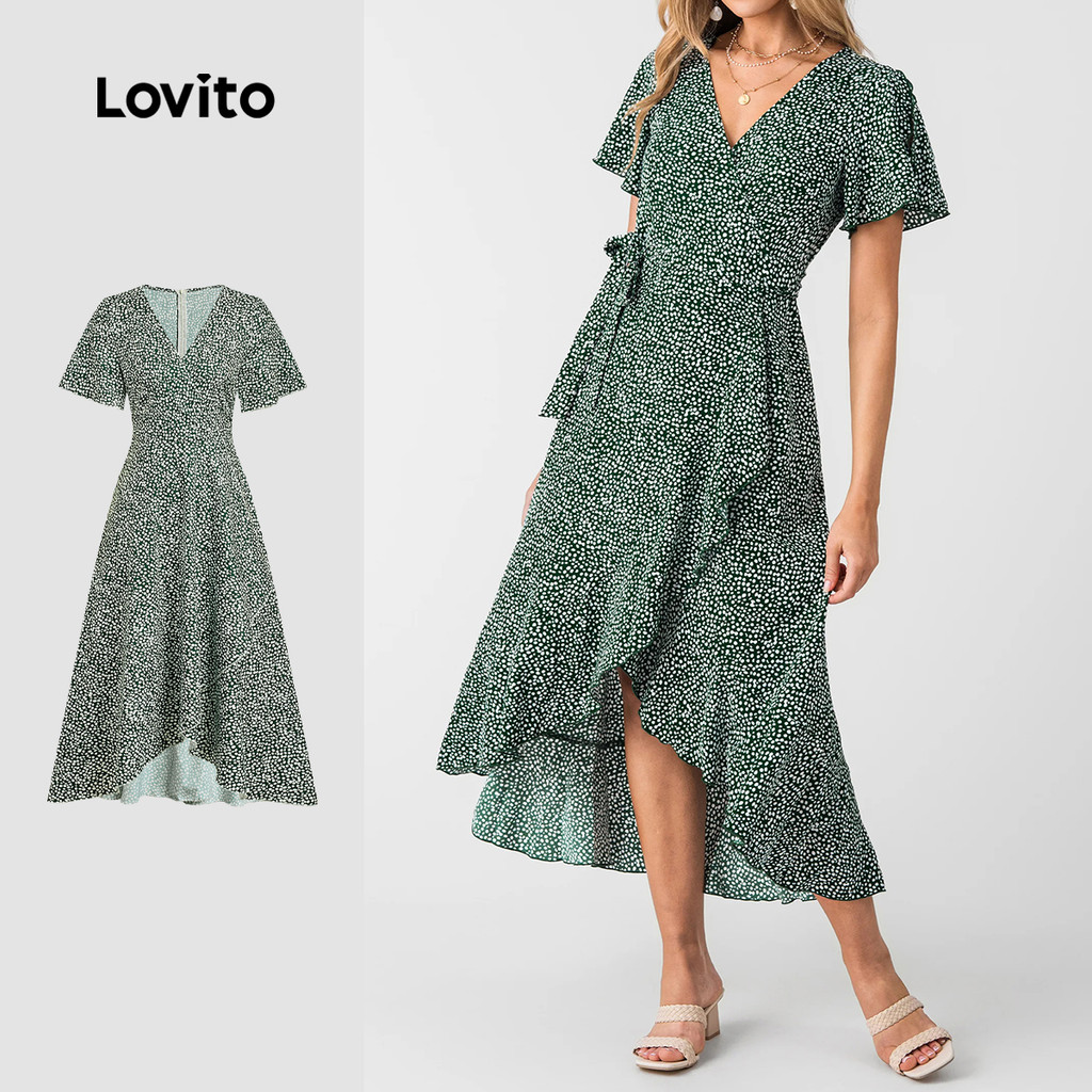 Lovito Padrão de Vestido Casual Assimétrico com Babados Verde Primavera/verão Vestido Feminino LBL34024 em Oferta na Shopee