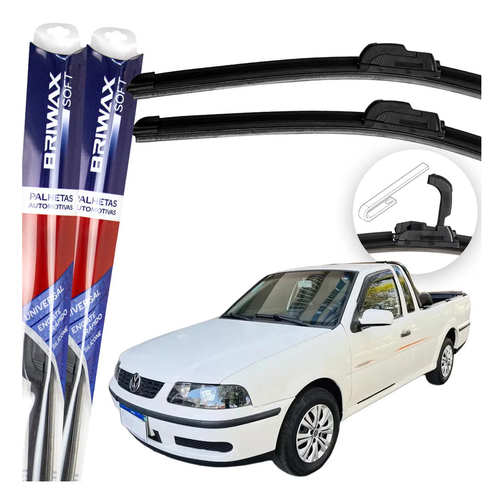 Jogo Palhetas Limpador de Parabrisa Silicone Chuva Gancho Universal Vw Saveiro G3 2000 Até 2004