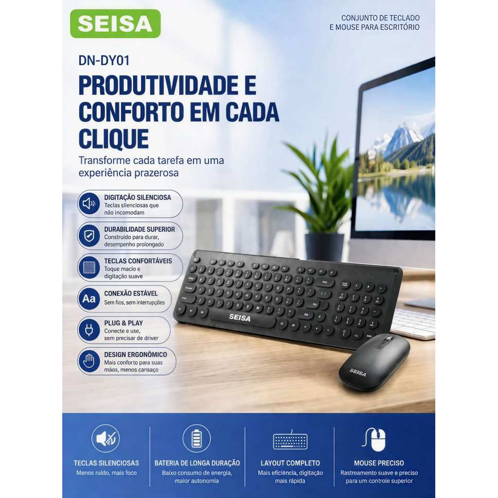 Kit Teclado e Mouse Profissional com Fio SEISA DN-DY01 - Silencioso, Ergonômico e Resistente para Escritório Corporativo
