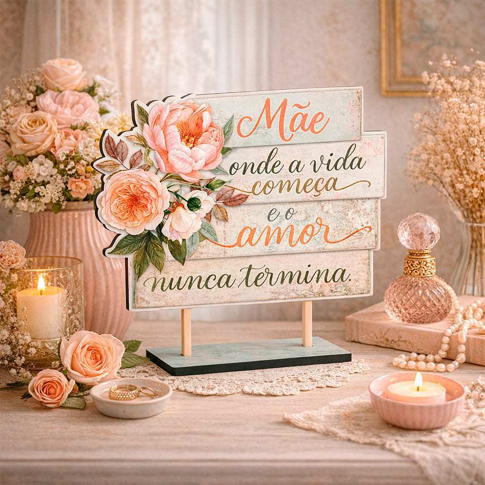 Placa Decorativa para Mesa com Pedestal - Mãe, Onde a Vida Começa e o Amor Nunca Termina