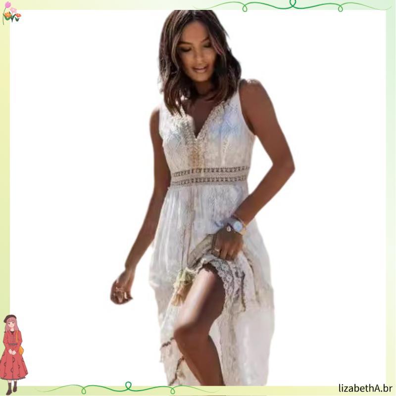 Vestido Feminino 2024 Verão Bohemiano Vestido Longo Transfronteiriço Vestido de Renda com Patches Flare Feminino