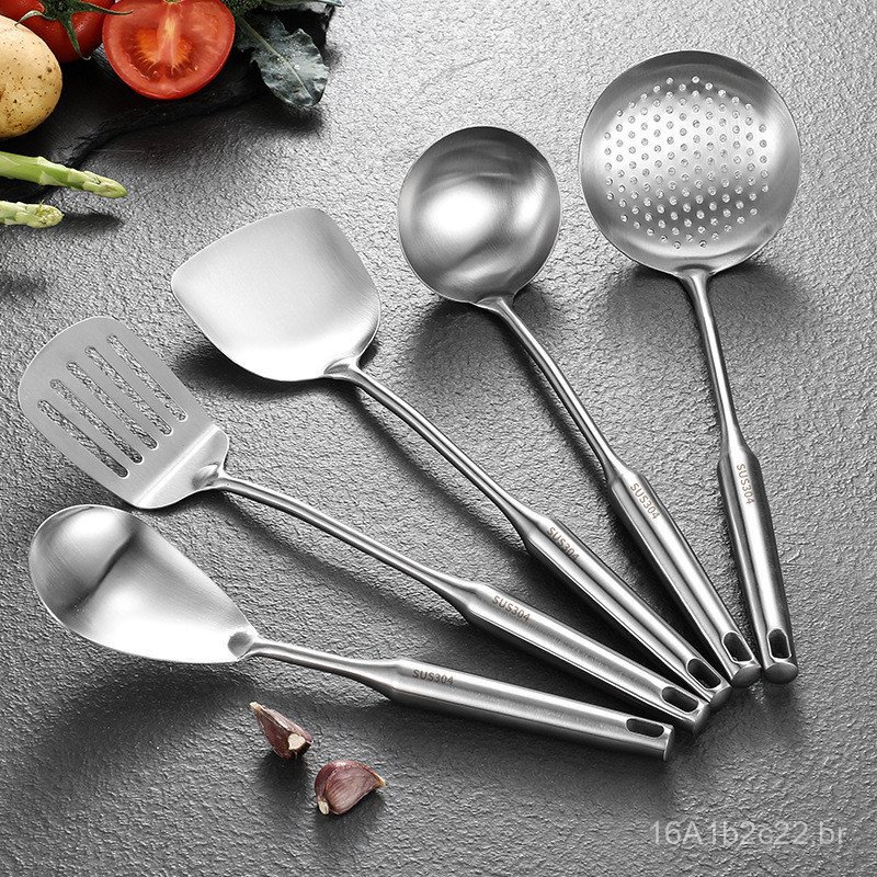 Espátula e concha de aço inoxidável para cozinha doméstica, conjunto de utensílios de cozinha com cabo oco espesso, vend