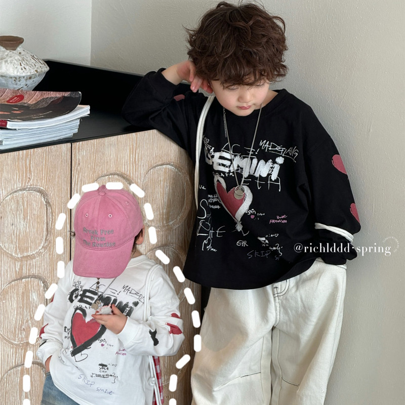Crianças roupas moda moda amor Graffiti impresso manga comprida camiseta primavera meninos meninas coreano Casual interi