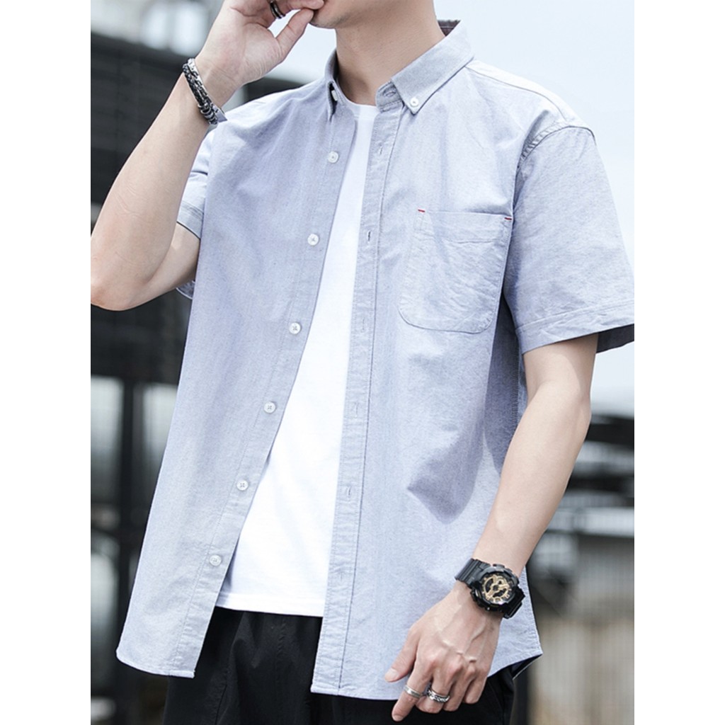 Verão masculino solto camisa Casual negócios moda Polegada juventude cor sólida puro algodão camisa de manga curta na mo