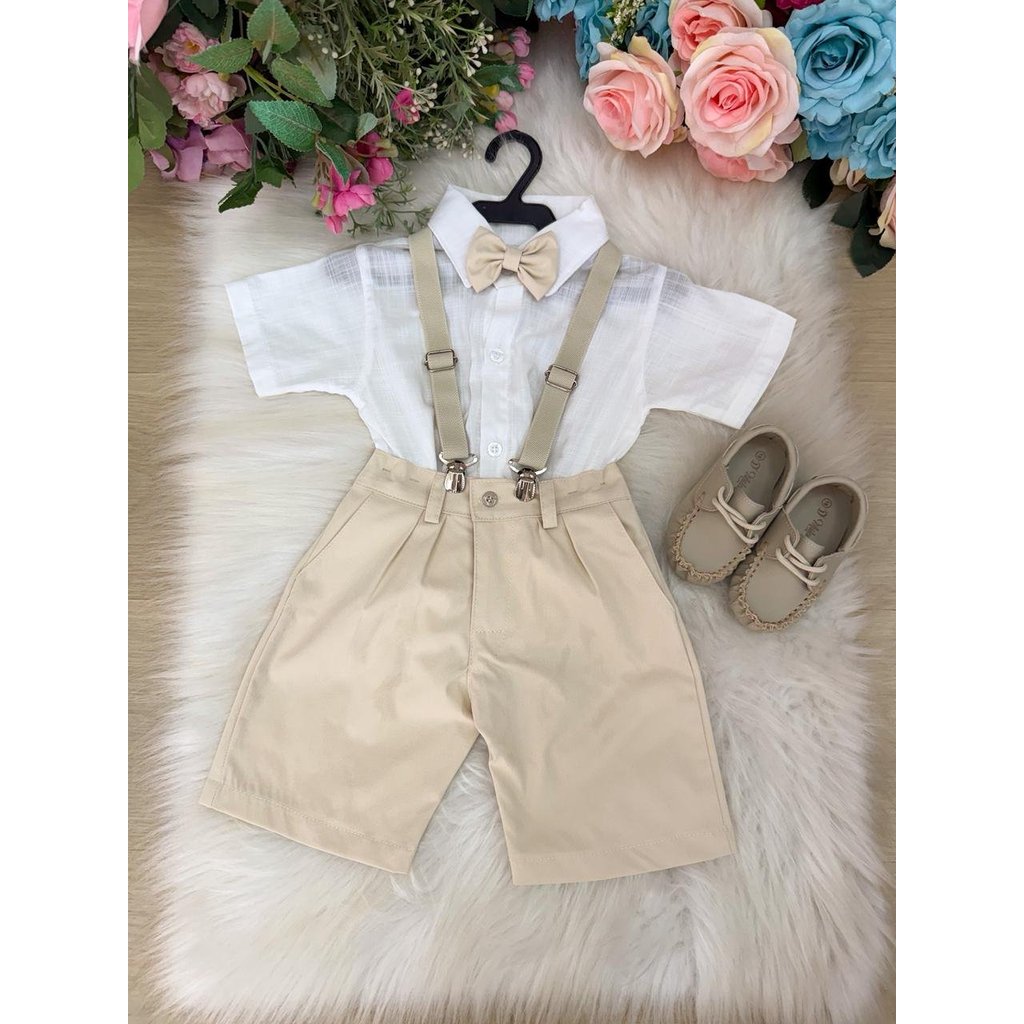 Conjunto Infantil Social Menino Camisa Branca + Shorts Bege com Suspensório e Gravata Borboleta