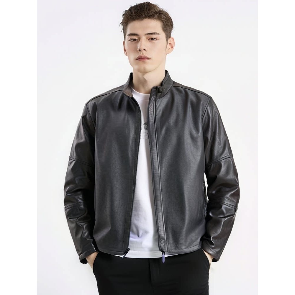 Jaqueta de couro masculina outono pele de carneiro contraste cor roupas de couro roupas masculinas berinjela motocicleta
