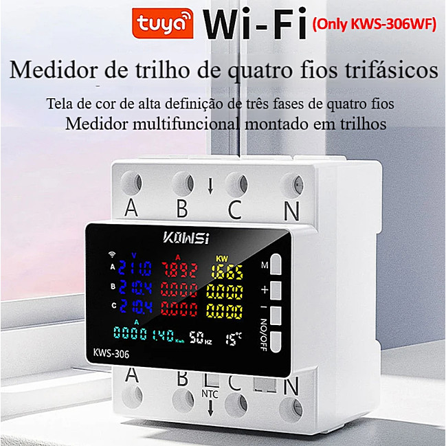Voltímetro de energia trifásico multifuncional KWS-306 Proteção contra sobrecarga Instalação de trilho de tela colorida