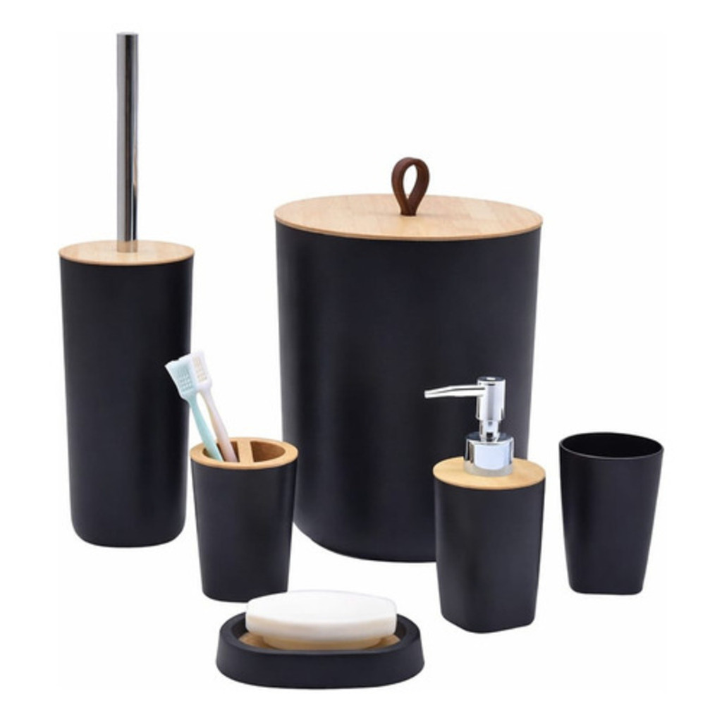 Kit Banheiro Moderno Bambu Com 6 Peças Lixeira Fechada Preto em Oferta na Shopee