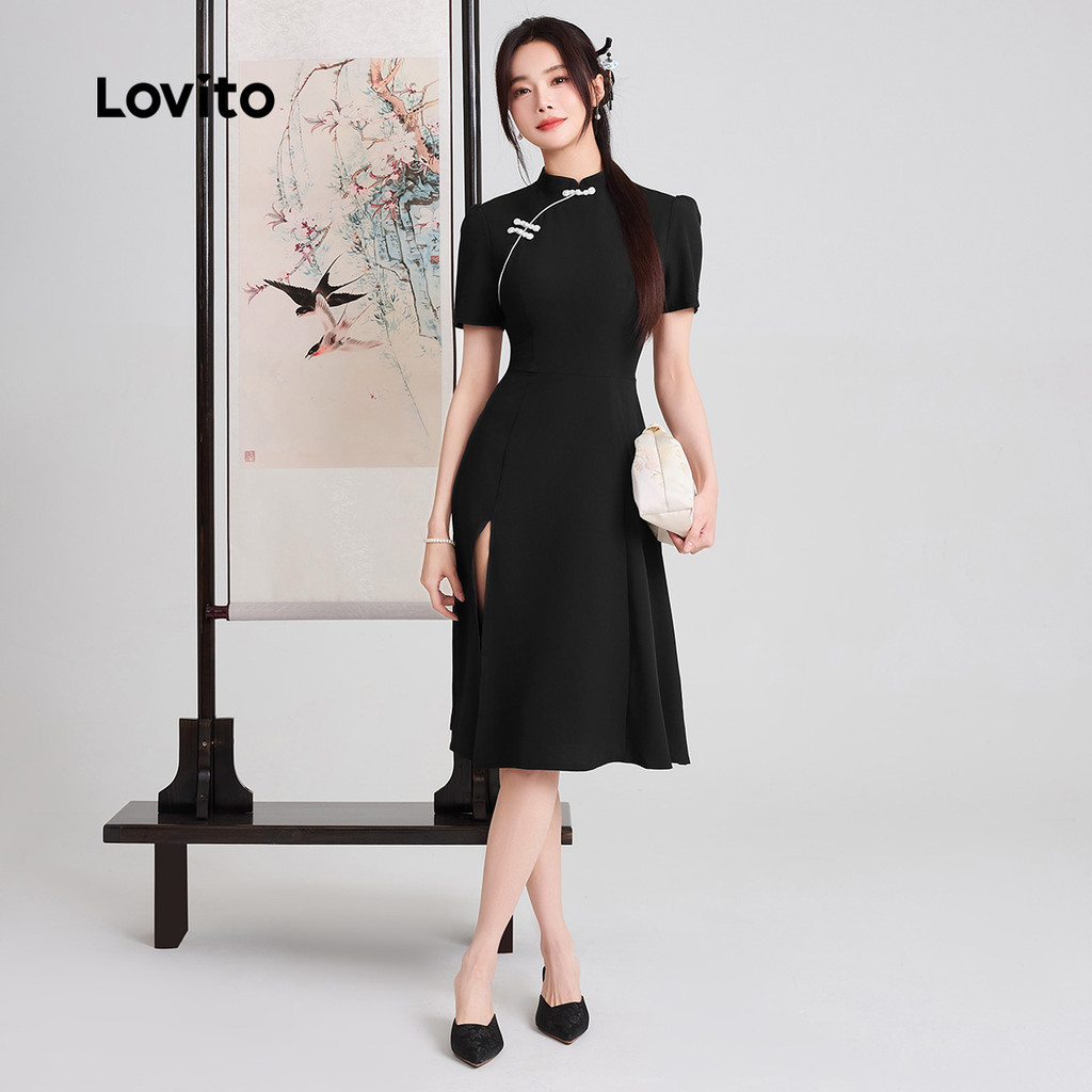 Lovito Vestido Casual Estilo Chinês Cheongsam Qipao Com Botões Preto Para Mulheres Ideal Para Primavera/verão L166AD247 em Oferta na Shopee