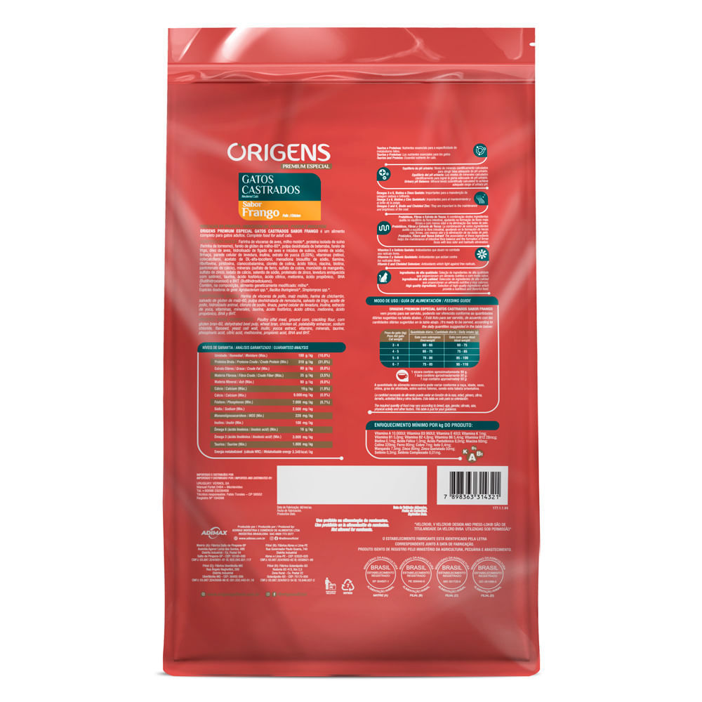 Detalhes do Ração para Gatos Castrados Origens Premium Especial Sabor Frango 3Kg