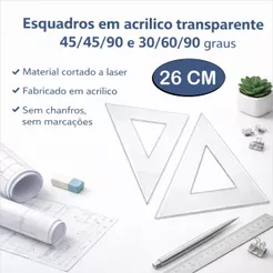 Kit Esquadro Acrílico Engenharia 45 30 Desenho Técnico 26 cm