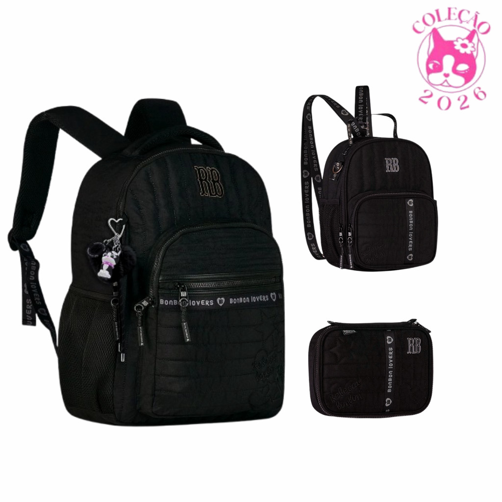 Kit Mochila de Costas Com Estojo e Lancheira Rebecca Bonbon Sweet Dreams Cor:Preto