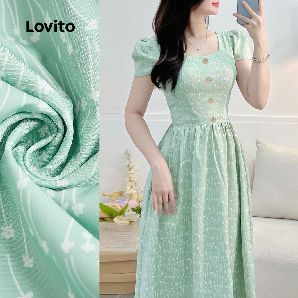 Lovito Vestido Boho Botão Primavera/verão Verde para Mulheres L164ED010 em Oferta na Shopee