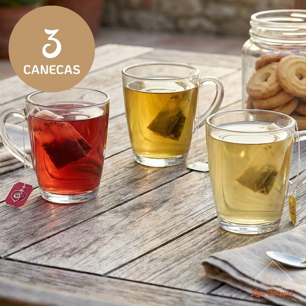Jogo 3 Canecas de Vidro 170ml Café Chá Chocolate Quente Design Moderno Resistente Alça