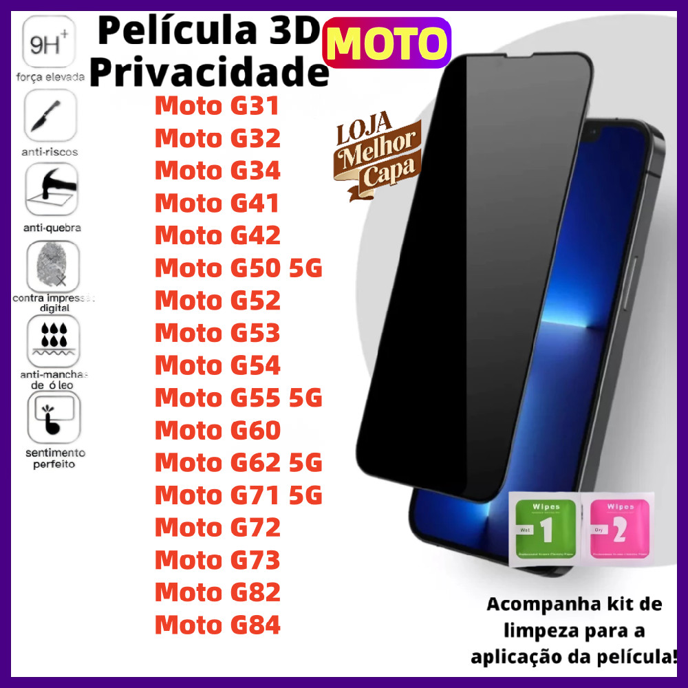 Película Para Motorola Moto G84 G34 G54 G53 G52 G60 G32 G31 G42 G55 G73 G41 G62 G82 G71 G50 G72 5G Protetor Anti Spy FKM