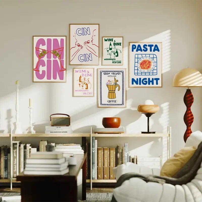 Pintura Em Tela De Comida De Vinho Vintage Moda Cin Felicidades Estética Carrinho De Bar Cozinha Arte De Parede Decoraçã