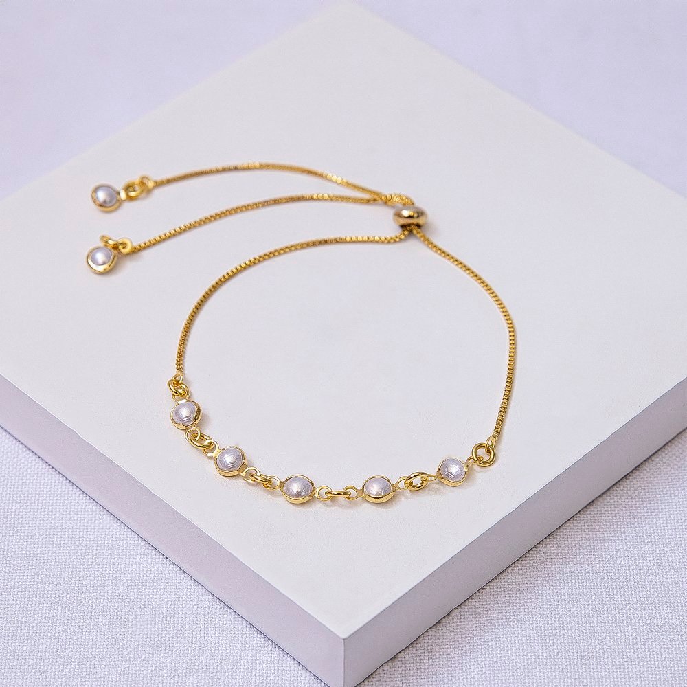 Pulseira Folheada a Ouro Malha Veneziana com Pérolas e Fecho Gravata