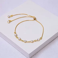 Pulseira Folheada a Ouro Malha Veneziana com Pérolas e Fecho Gravata
