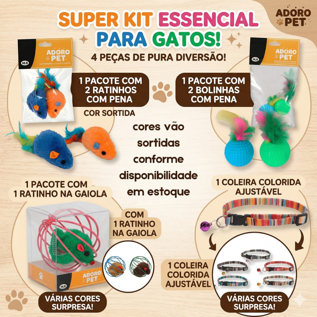 Kit Brinquedos Gatos Pet Ratinhos Bolinhas Com Pena Ratinho Gaiola E Coleira Ajustável Guizo