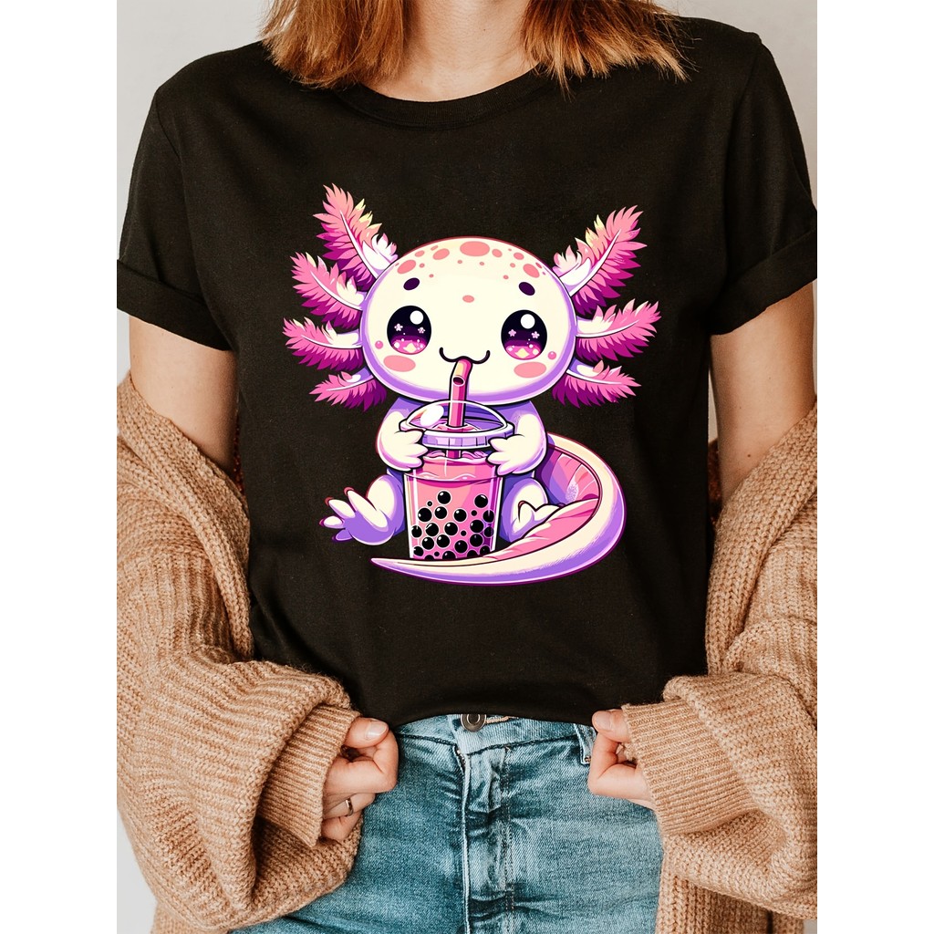 Camiseta Lala-Q Anime Axolote Fofo Kawaii com Estampa de Letras da Moda, Manga Curta Gola Redonda Top Casual para Verão