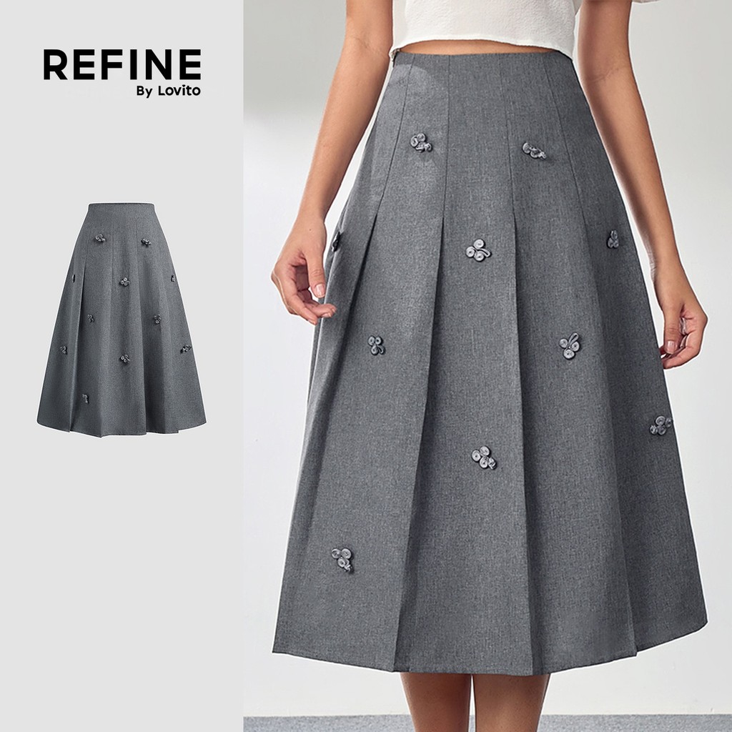 (Refine by Lovito) Saias elegantes com apliques de botões plissados lisos para mulheres LR4LD028