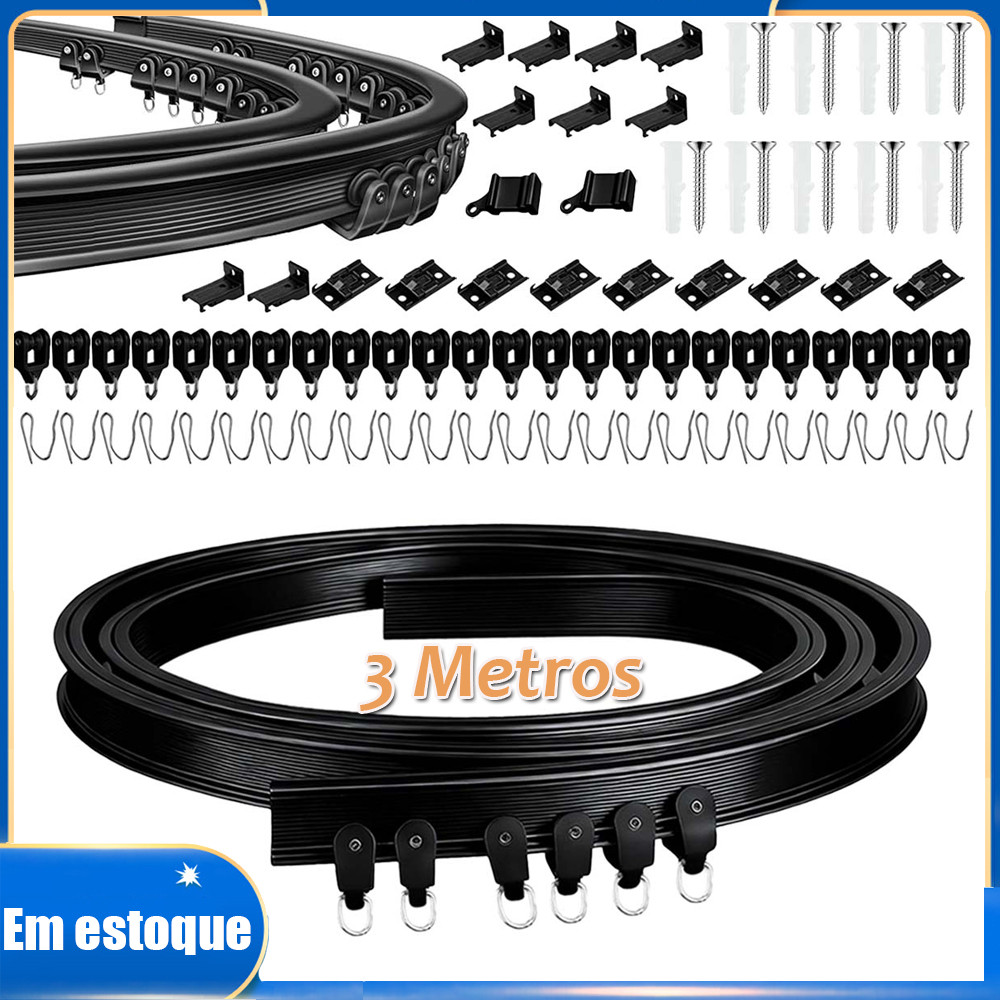 Trilho de cortina de teto dobrável, haste de teto divisória de quarto, adequada para RV, 3 metros, preto