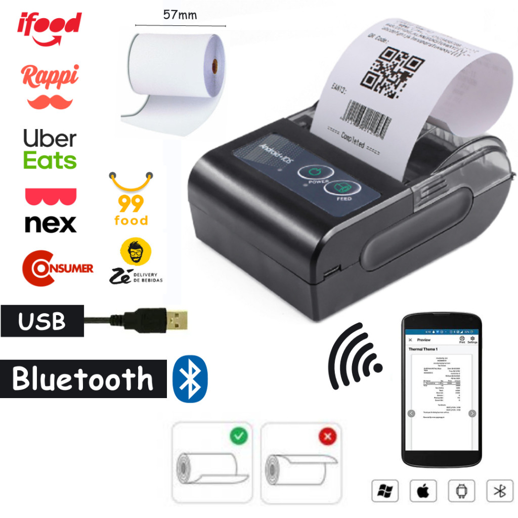 Mini Impressora Térmica POS 58mm Sem Fio Bluetooth