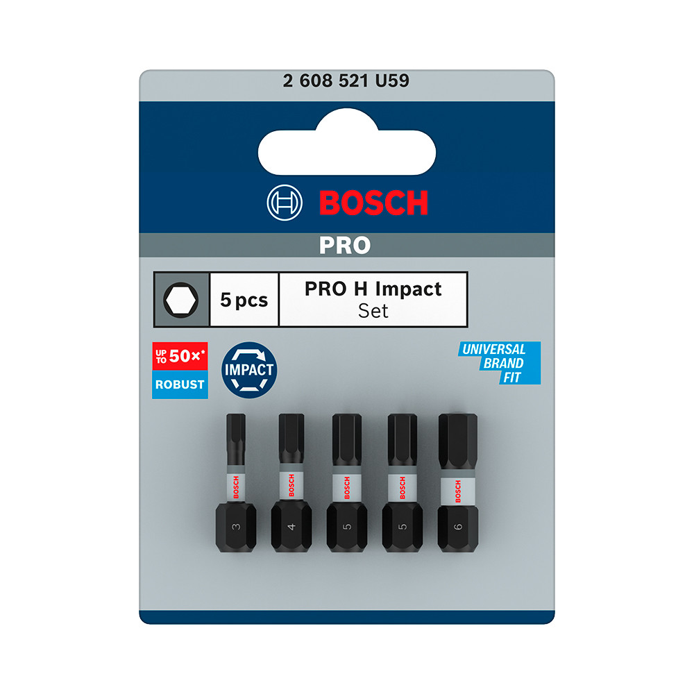 Pacote com 5 Bits Allen 25mm H3, H4, H5 e H6 Pro Impact Bosch 2608521U59