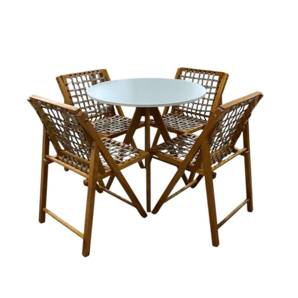 Conjunto Mesa Redonda com 4 Cadeiras em Madeira e Corda Náutica Mel/Branco