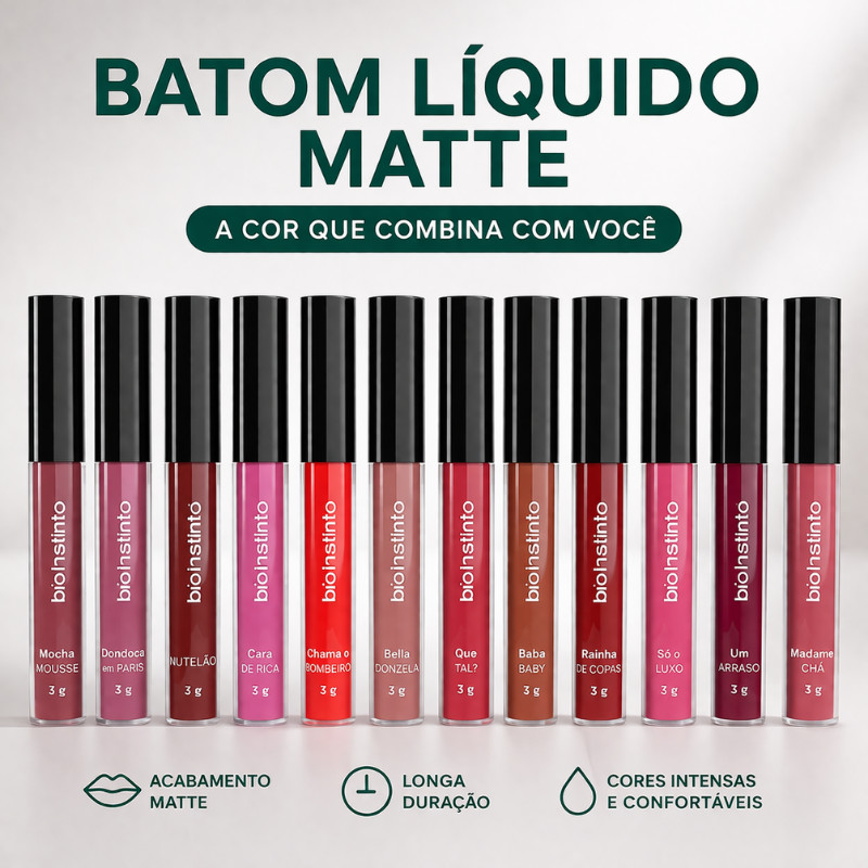 Batom Líquido Matte 24h Alta Fixação Longa Duração Efeito Matte Secagem Rápida Bio Instinto
