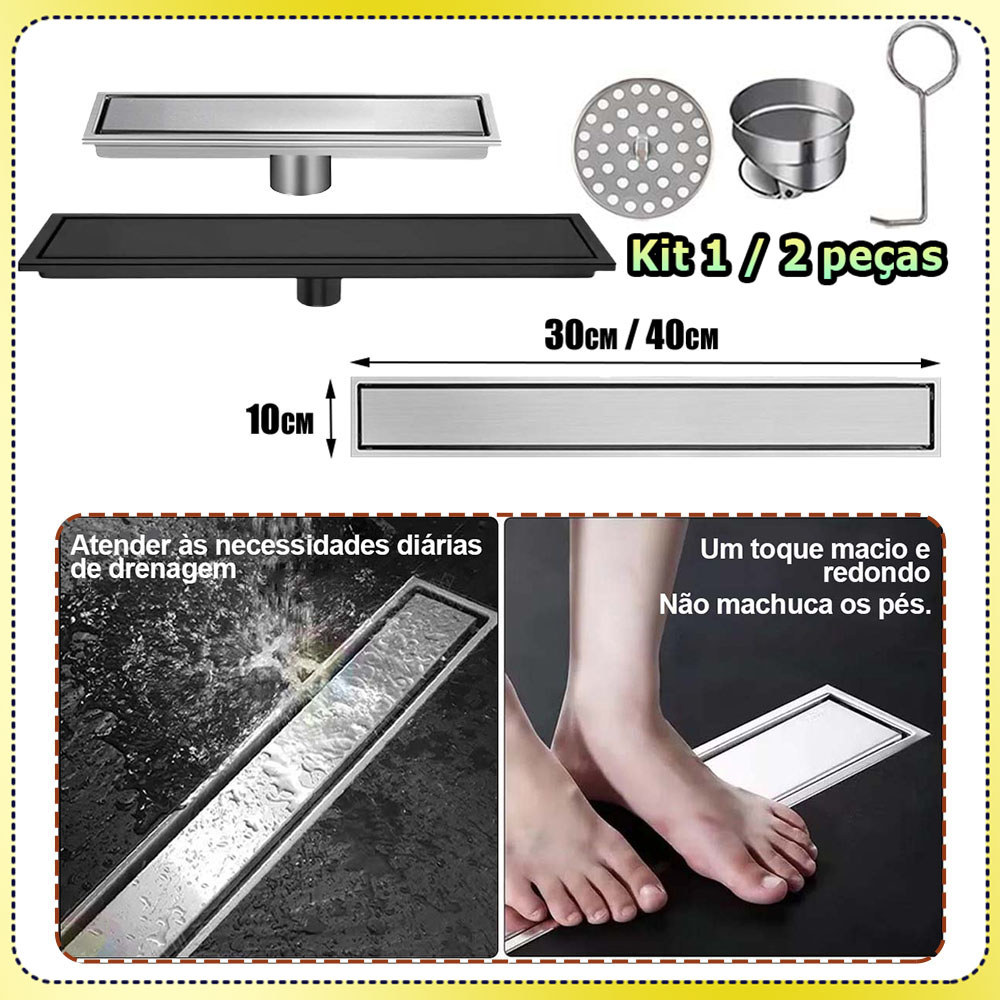 Kit 1/2 Ralo linear para chuveiro ralo retangular de aço inoxidável ralo embutido com tela filtrante 10x30cm 10x40cm